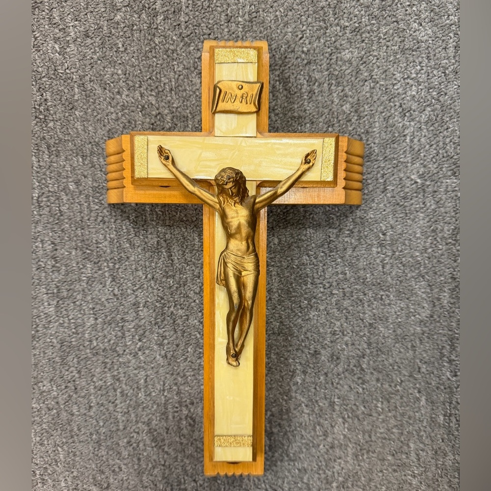 INRI Vtg Wooden Divinity Crucifix Priest Sick Call Cross